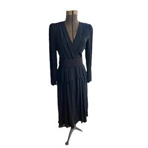 Vintage Richard Warren Dress Peplum Black Midi 6 Long Sleeve Pleated Belted